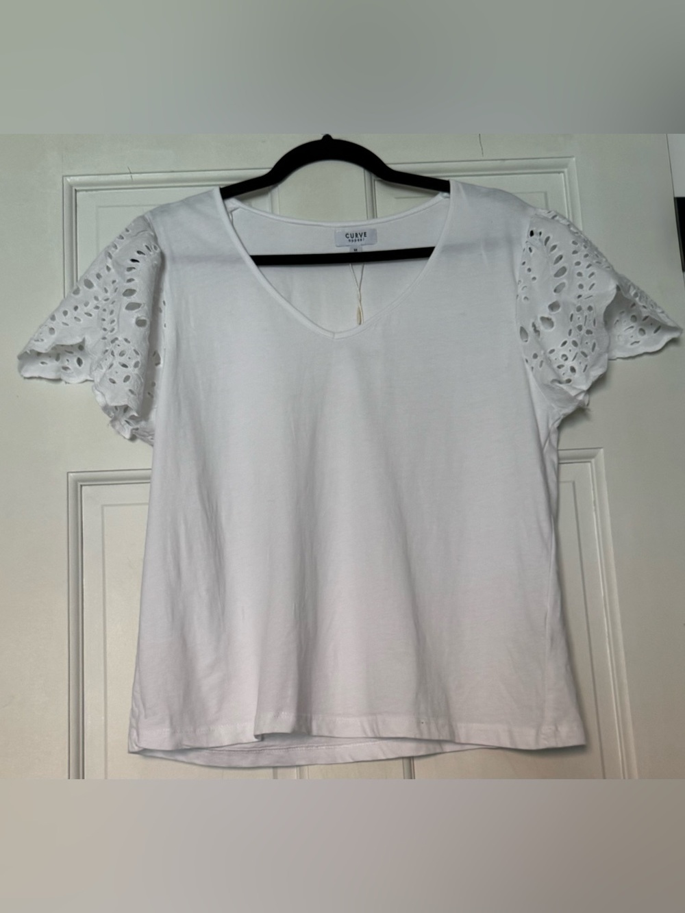 Curve Appeal White Eyelet-Sleeve V-Neck Top